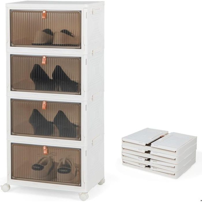 giantex boîte de rangement à roulettes 60 l en plastique- meuble à chaussures pliable- 4 caisses empilables avec portes- blanc